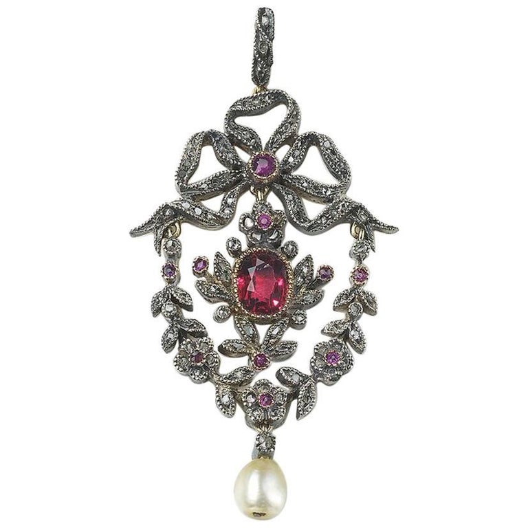 Antique Red Spinel Diamond and Ruby Pendant For Sale