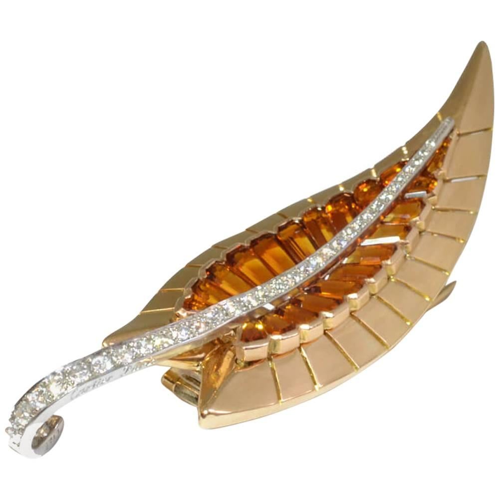 Cartier Citrine and Diamond Set Leaf Pin For Sale