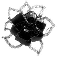 Chanel Camelia Camellia Flower Diamond Onyx White Gold Pin Brooch