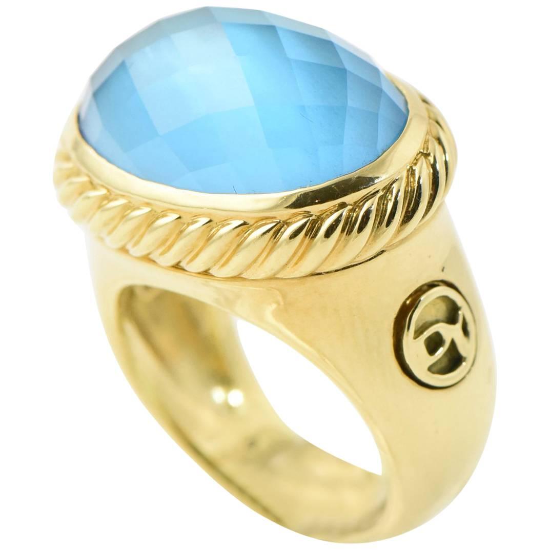 David Yurman Blue Topaz and Gold Signature Ring