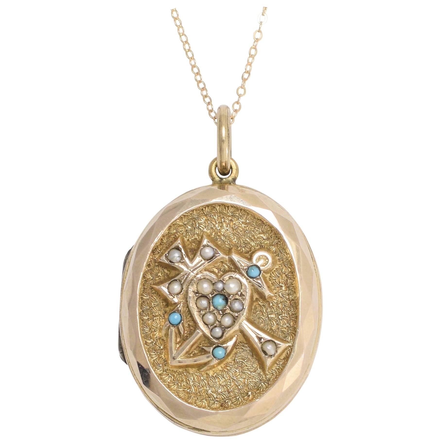 Victorian Faith, Hope and Charity Locket with Turquoise and Pearls For Sale