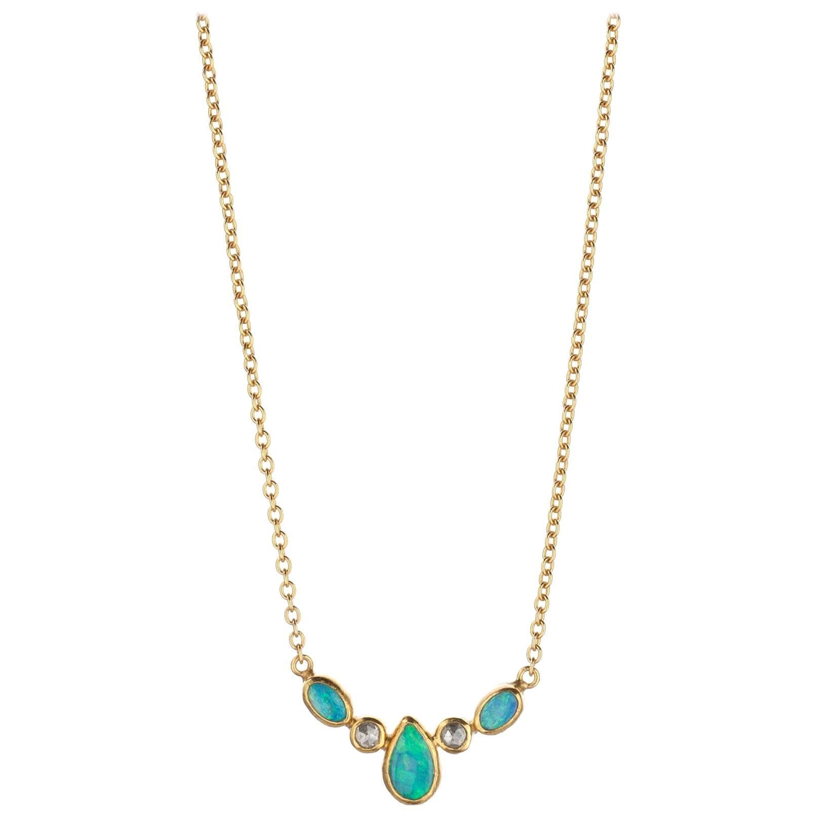 Gurhan Opal Diamond Necklace in 24 Karat Yellow Gold For Sale