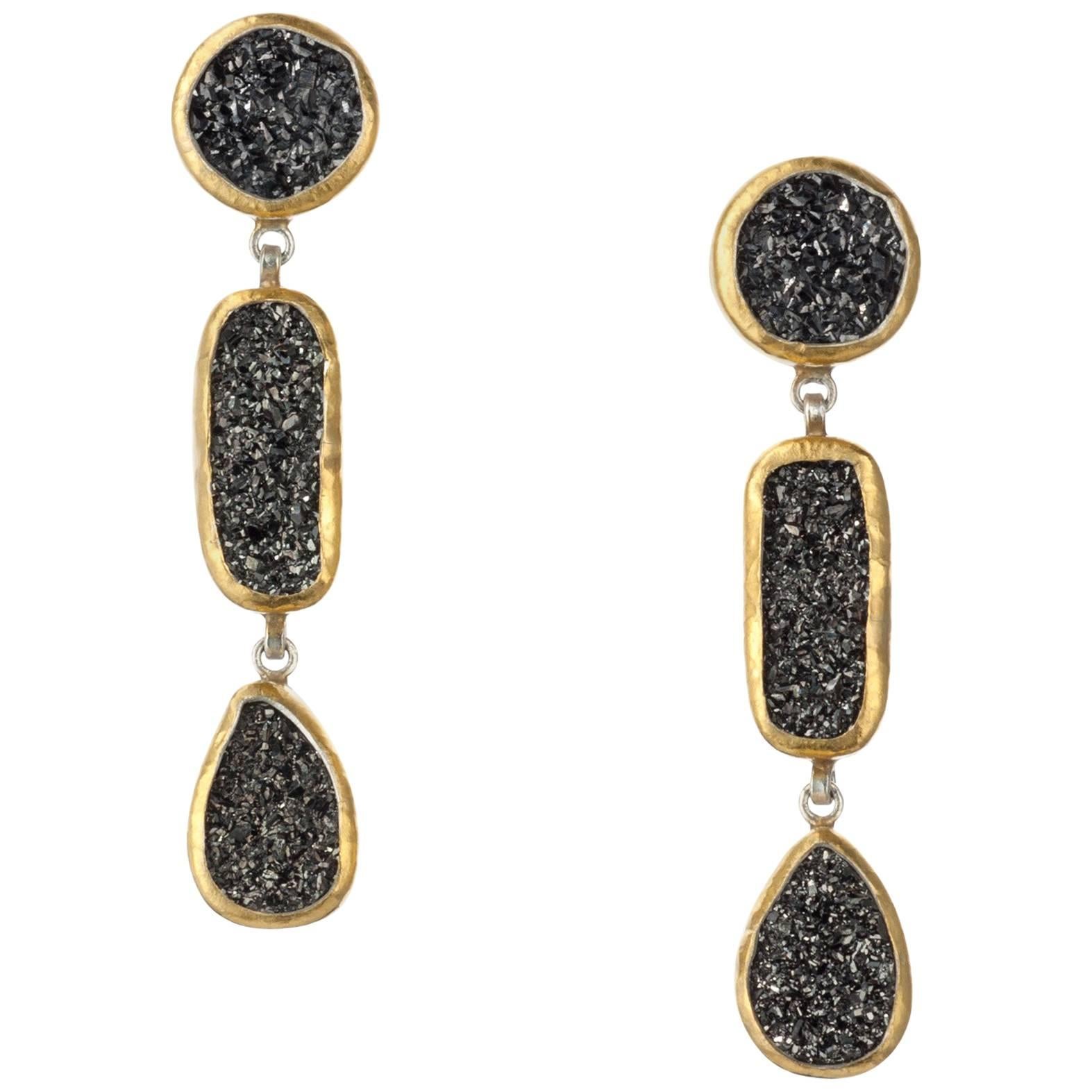 Gurhan “Mystere” Drusy Quartz Drop Earrings in 24 Karat Yellow Gold and Sterling