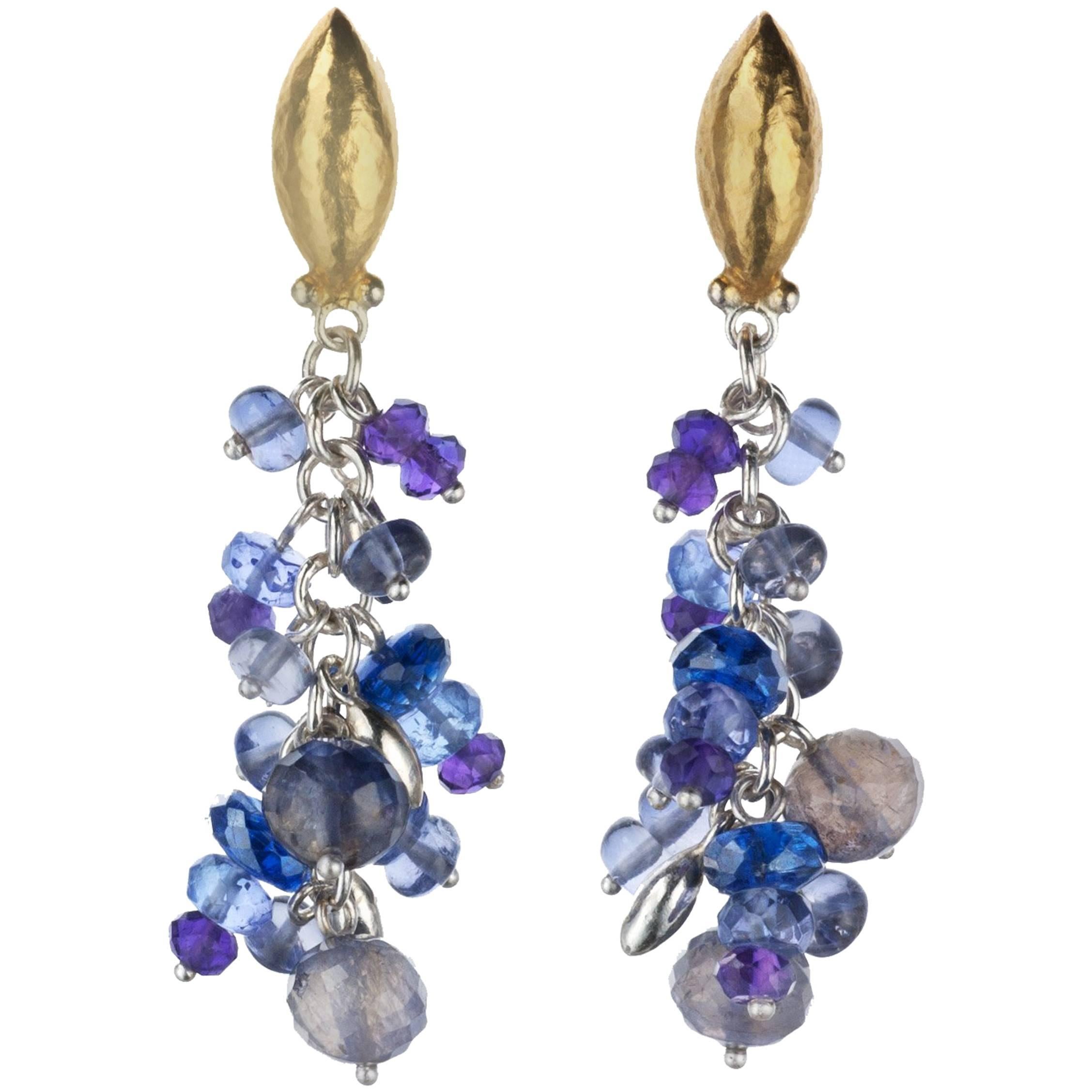 Gurhan “Vertigo” Tanzanite, Kyanite and Iolite Drop Earrings in Yellow Gold For Sale