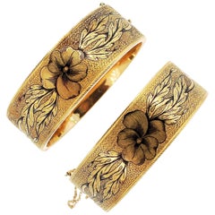 Antique Victorian 14k Gold Pair of Tracery Enamel Cuffs with Pansies