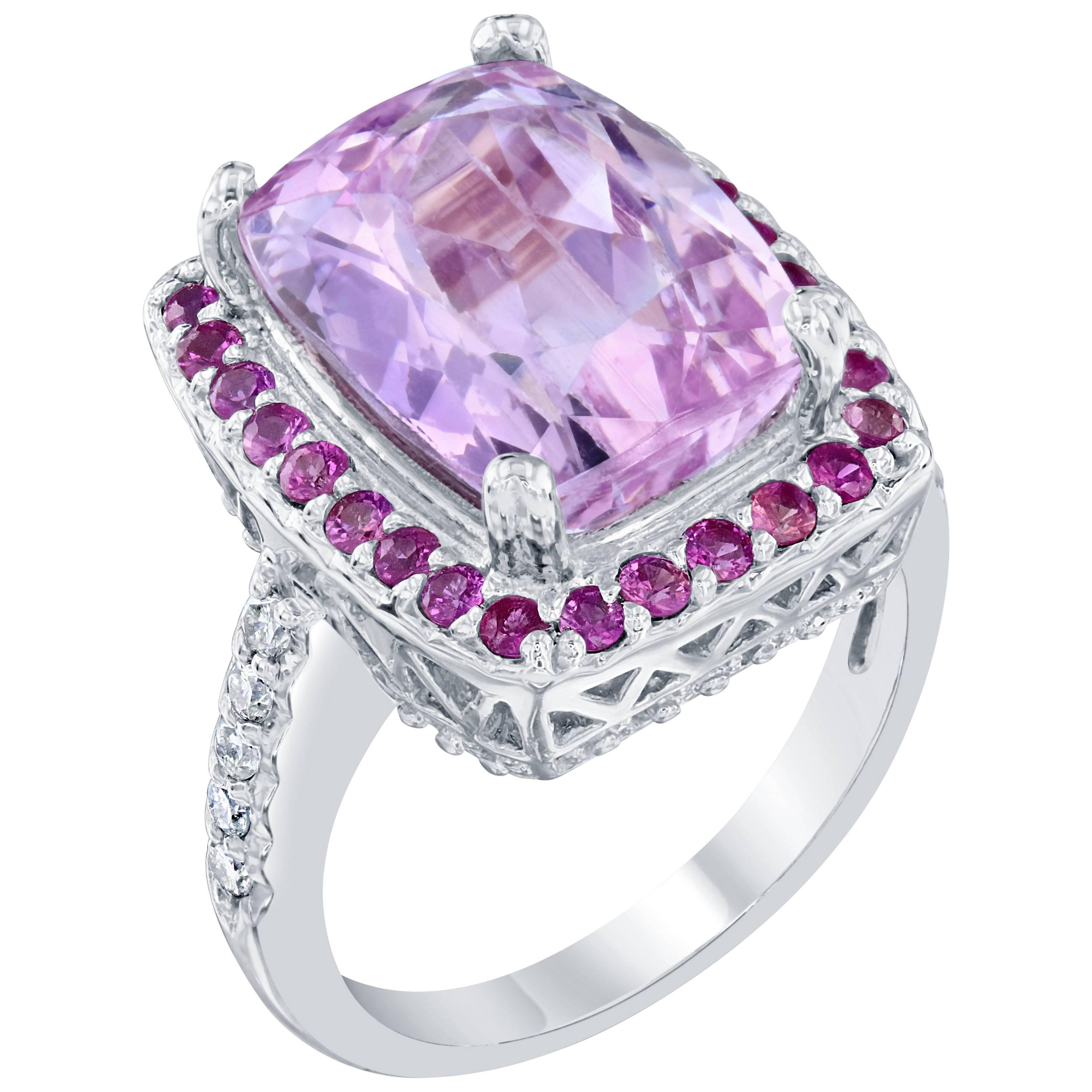 8.88 Carat Kunzite Diamond Cocktail White Gold Ring