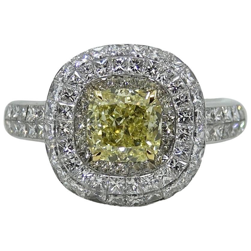 1.50 Carat Fancy Yellow Cushion Cut Diamond Engagement Ring For Sale