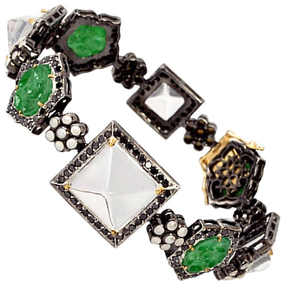 Jade Diamant-Kristall- und Perlenarmband aus 18 Karat Gold und Silber