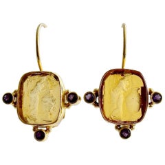 Citrine Venetian Glass Intaglio Earrings Amethyst