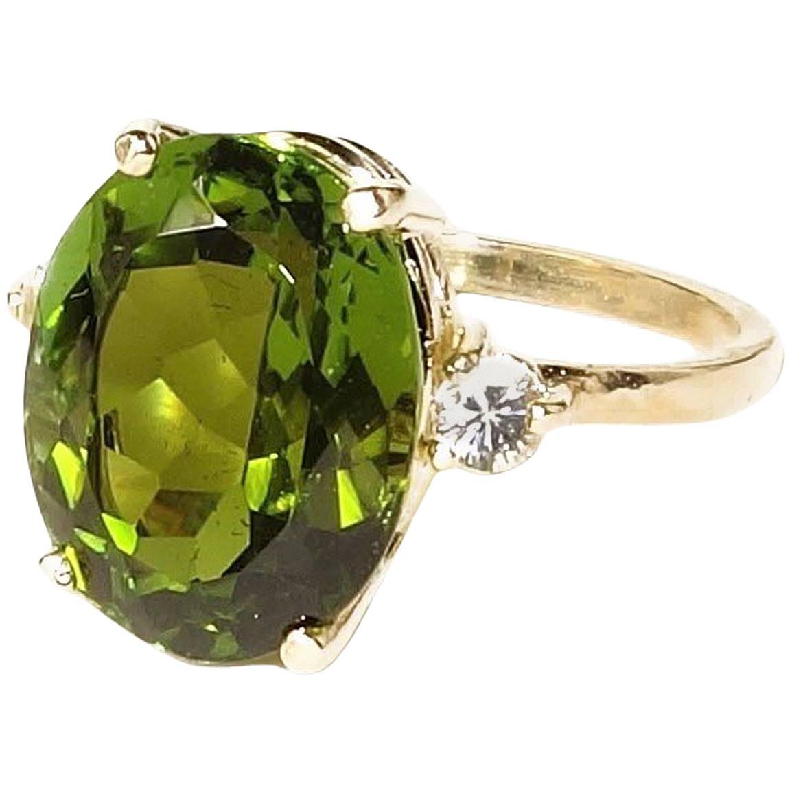 Oval Green Tourmaline with White Sapphires in Gold Ring