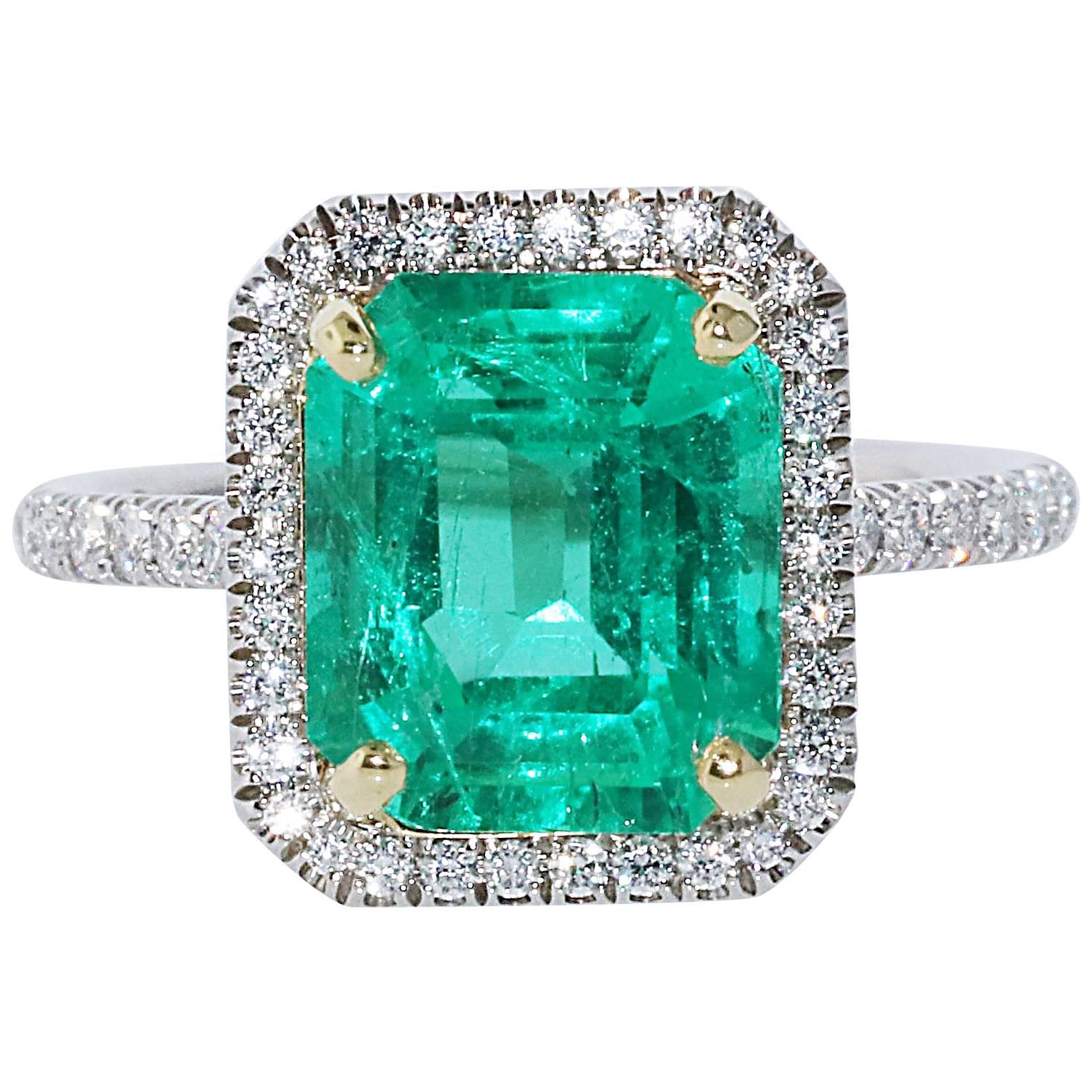 3.39 Carat Colombian Minor Emerald Cut Emerald and Diamond Ring, GIA Certificate
