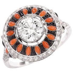 Vintage Diamond Coral Onyx Platinum Ring