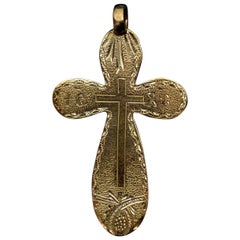 Antique Russian 19th Century Engraved Gold Cross Pendant