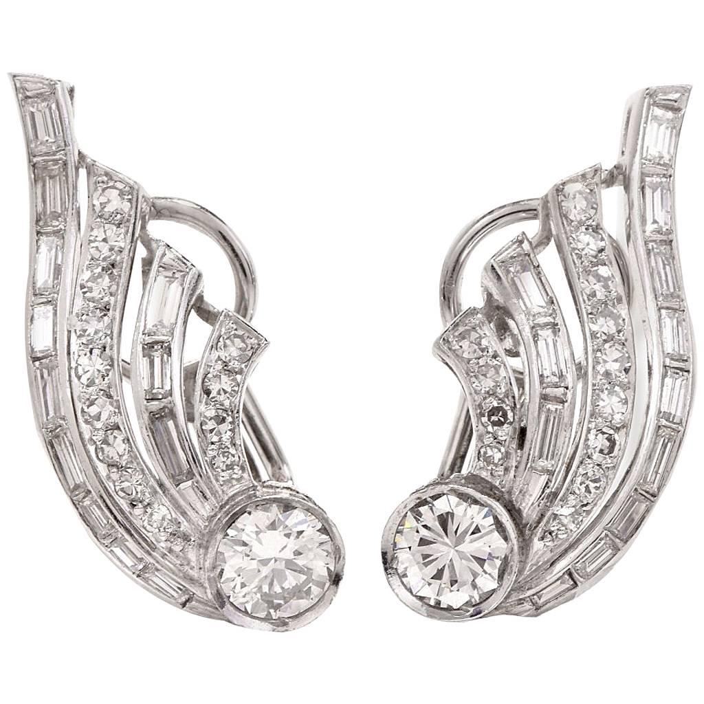 1950s Diamond Platinum Clip-Back Earrings
