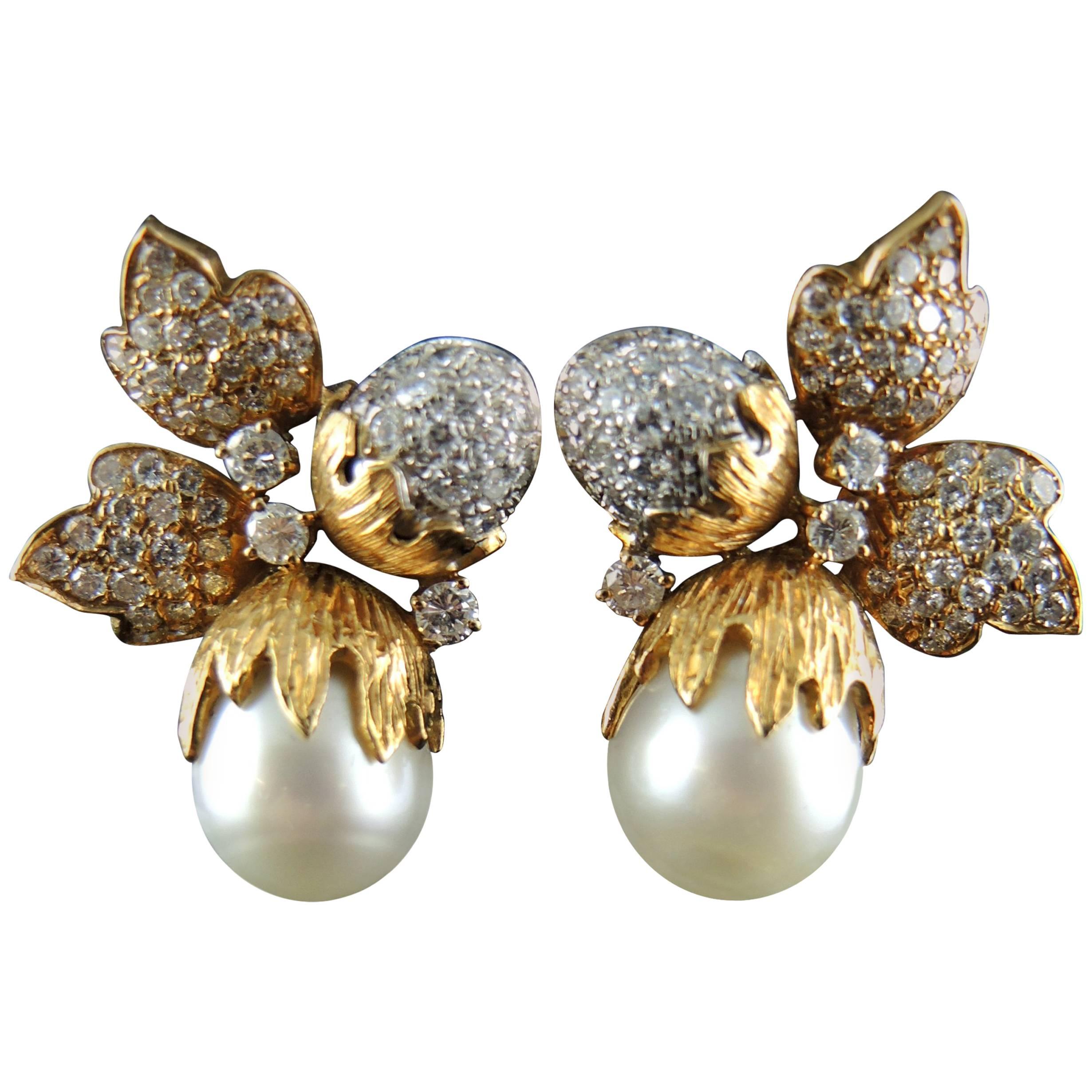 Hazelnuts' Acorns and Leaves Earrings Set with Diamonds and South Sea Pearls