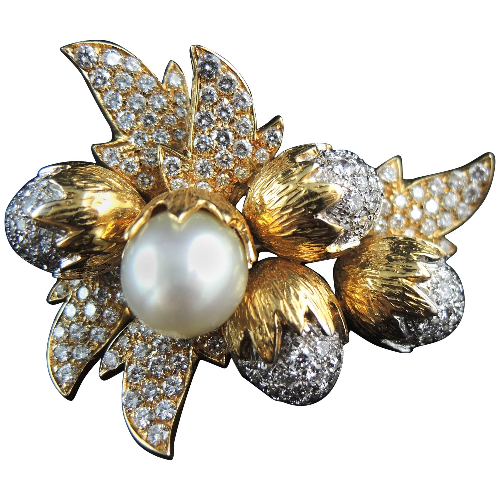 Hazelnuts' Acorns and Leaves Brooch Set with Diamonds and South Sea Pearl, 1980s