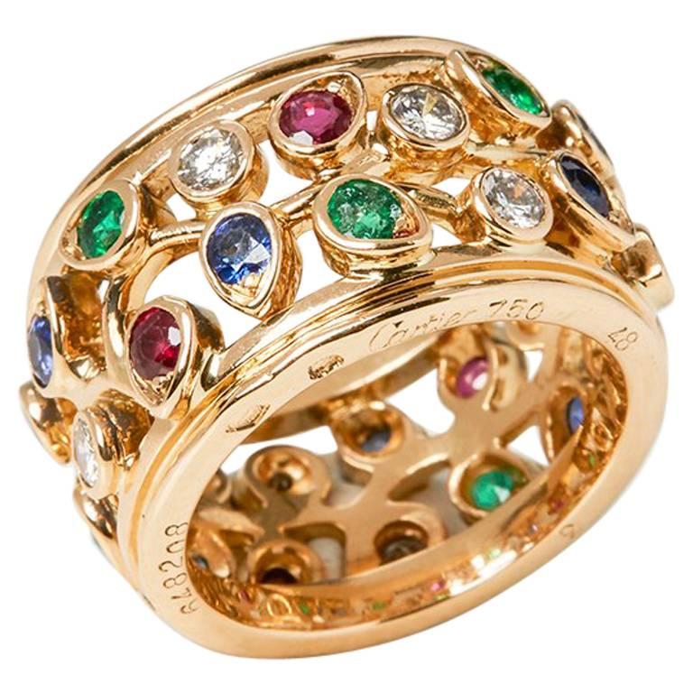 Cartier 18 Karat Yellow Gold Diamond Sapphire Ruby Emerald Band Ring