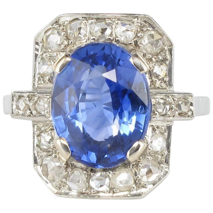 French 1925s Art Deco 4.60 Ceylon Sapphire Diamond Platinium White Gold Ring