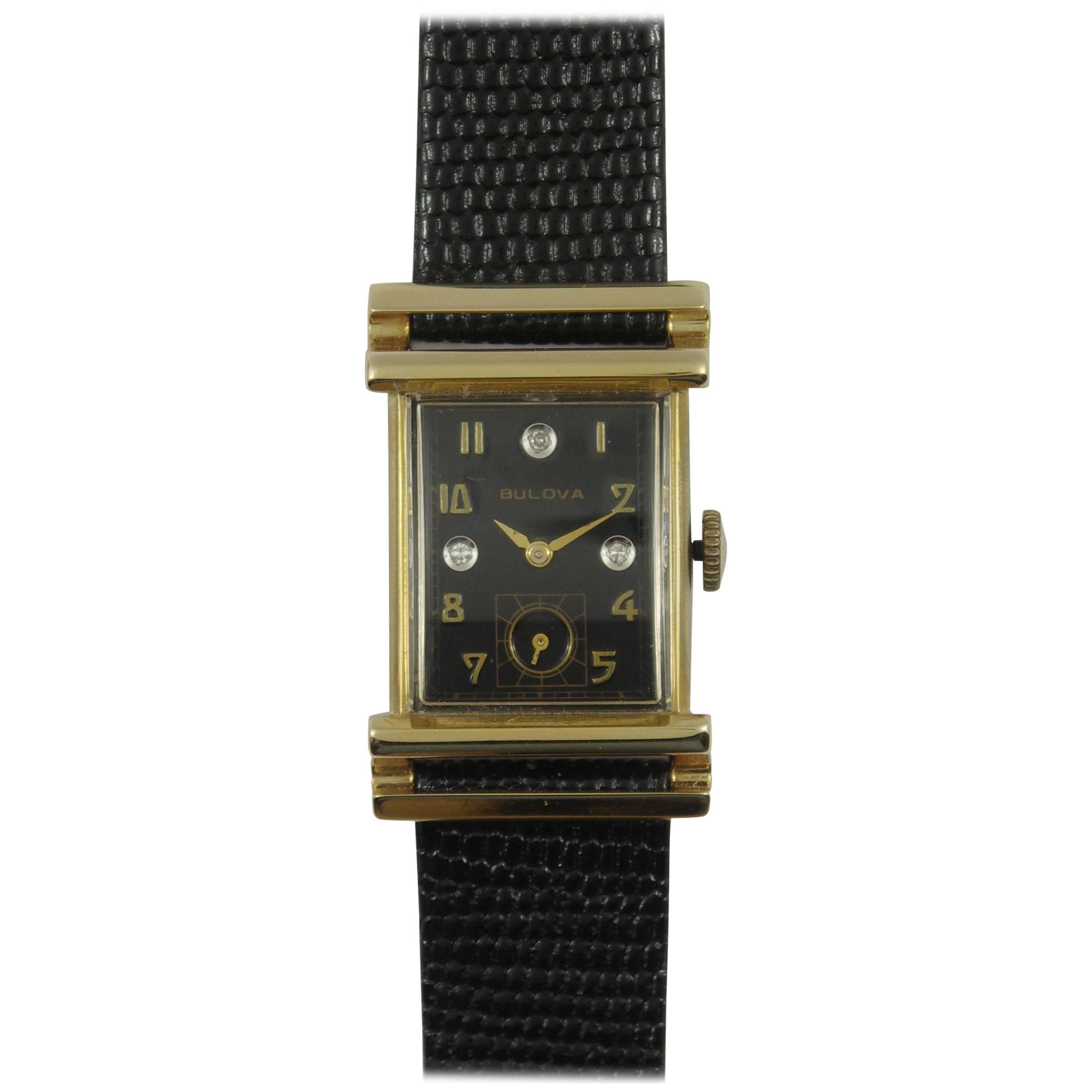 Bulova Yellow Gold Diamond Black Dial Wristwatch 