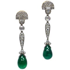 GIA Certified 16.25 Carat Zambian Pear Cabochon Emerald Diamond Drop Earrings