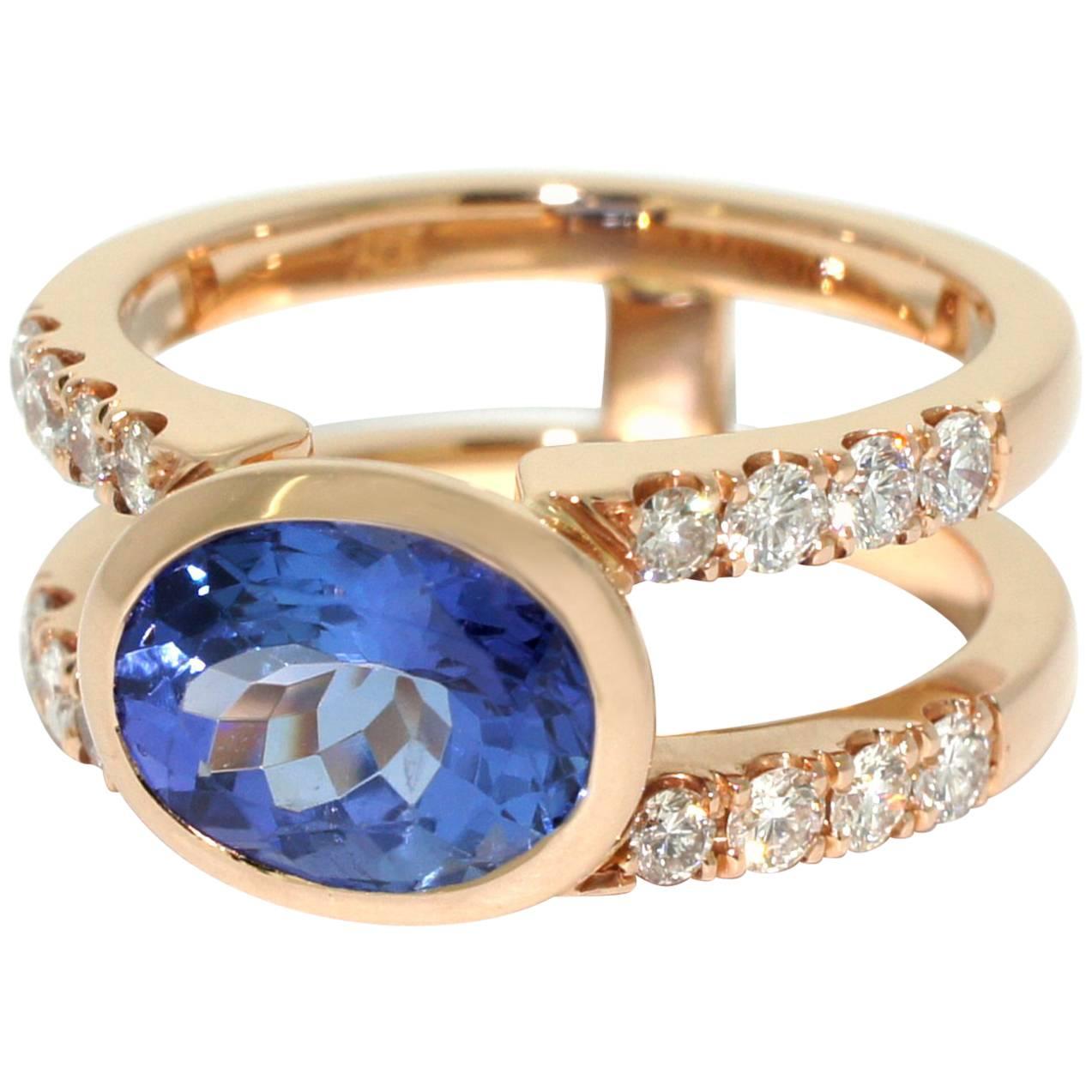 Lizunova Tanzanite and Diamond Rose Gold Engagement Ring For Sale