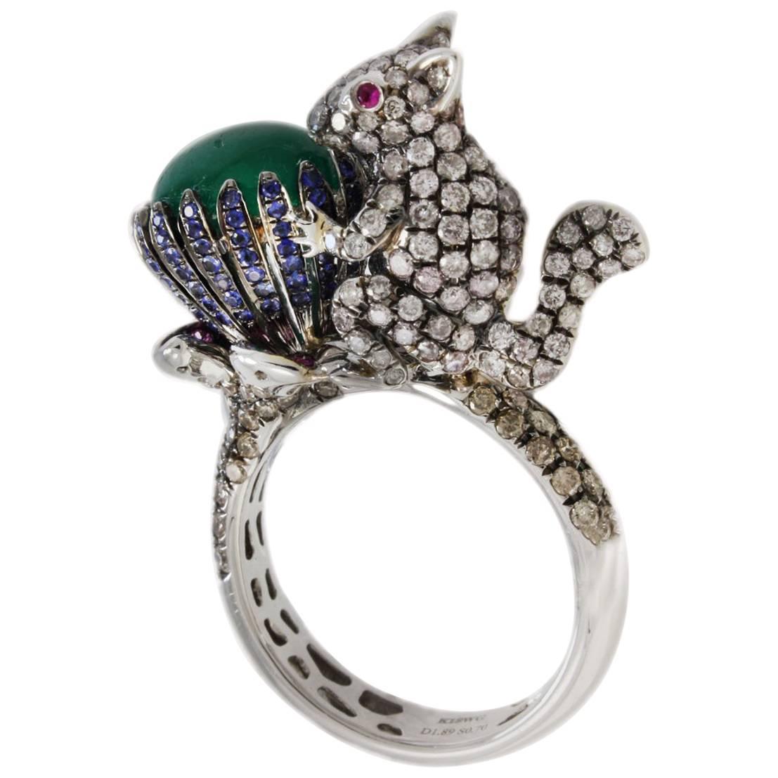 Retro 18 Karat White Gold, Diamonds, Emeralds, Sapphires and Rubies Fashion Ring