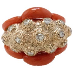 Retro Rose Gold Diamonds and Coral Dome Ring