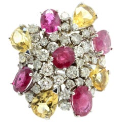 Retro White Gold, Citrines, Diamonds and Rubies Cocktail Ring