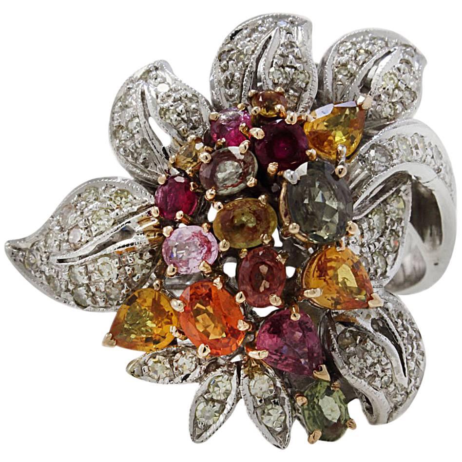 Rose and white gold Diamonds and Sapphires Cluster flower  Ring For Sale