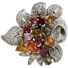 Vintage Rose and white gold Diamonds and Sapphires Cluster flower  Ring