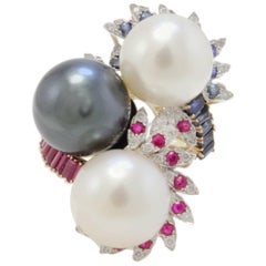 Retro Rose White and Yellow Gold Diamonds Rubies Sapphires and Pearls Ring
