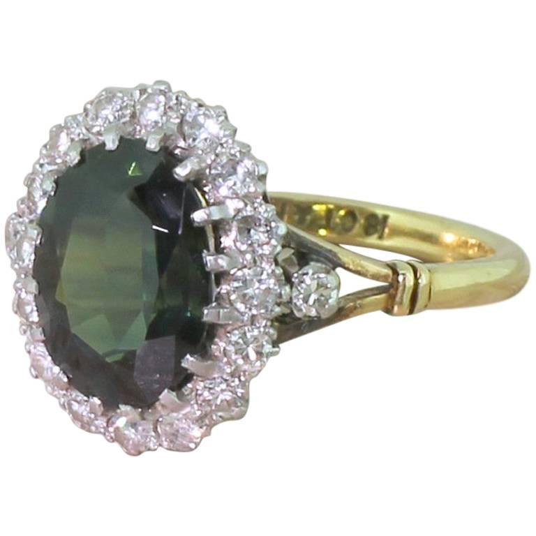 Art Deco 3.38 Carat Green Sapphire and Diamond Coronet Cluster Ring For Sale