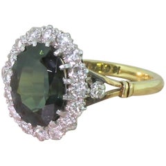 Art Deco 3.38 Carat Green Sapphire and Diamond Coronet Cluster Ring