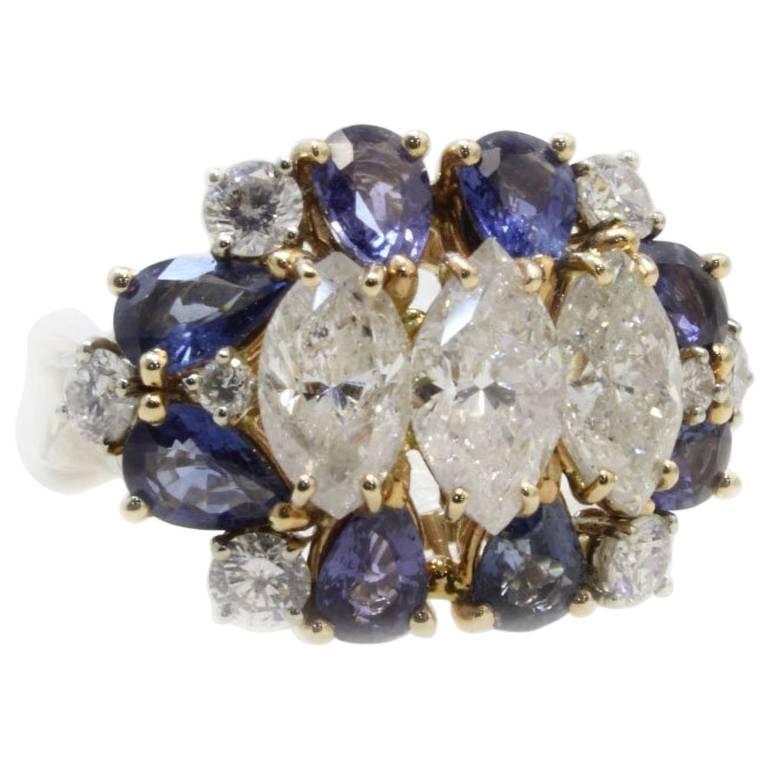 Retro Yellow and Rose Gold 3, 97 carat Diamonds 3, 55 carat  Blue Sapphires Ring