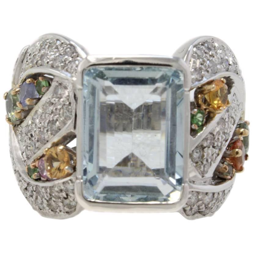 Contemporary White Gold Diamonds Sapphires Aquamarine Ring For Sale
