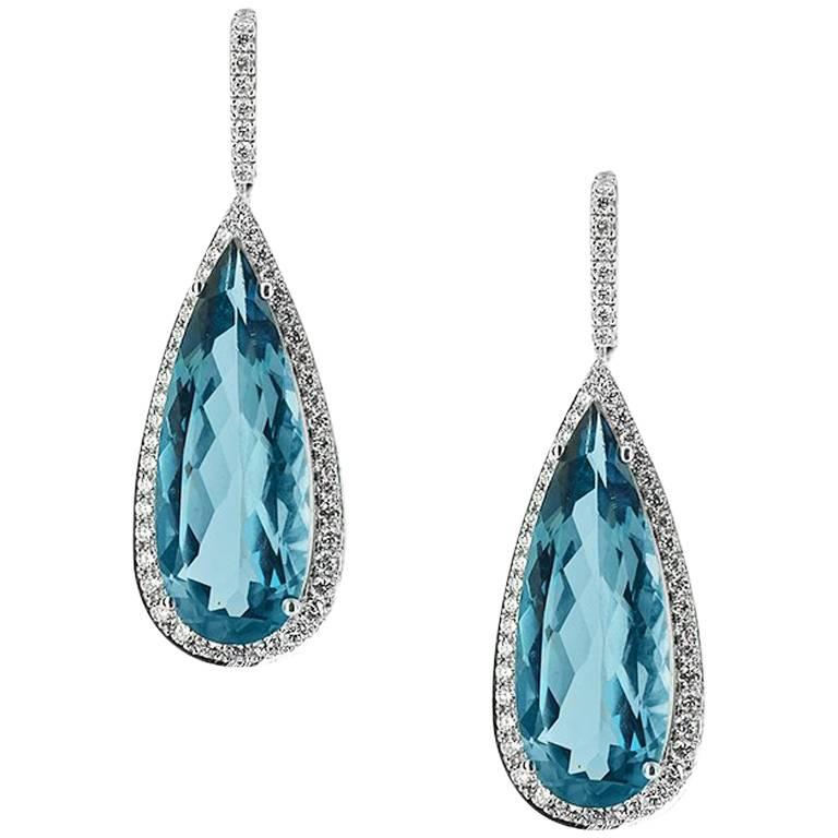 Blue Topaz and Diamond Pear Shape Earring For Sale