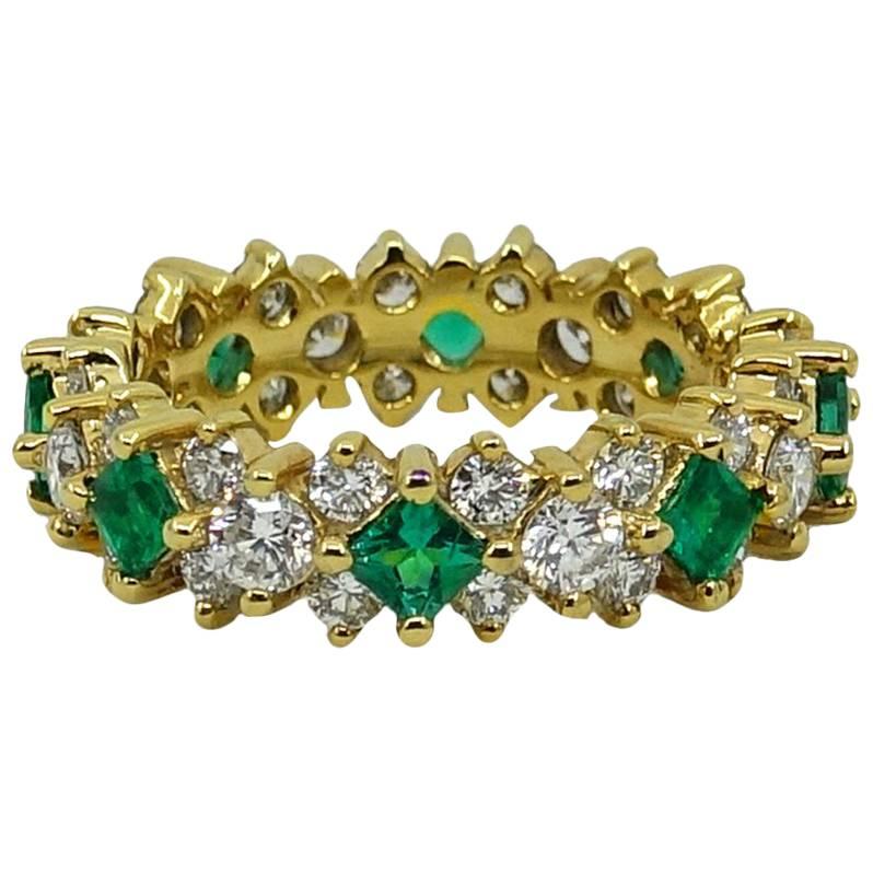 2.32 Carat Emerald and Diamond Eternity Yellow Gold Band For Sale