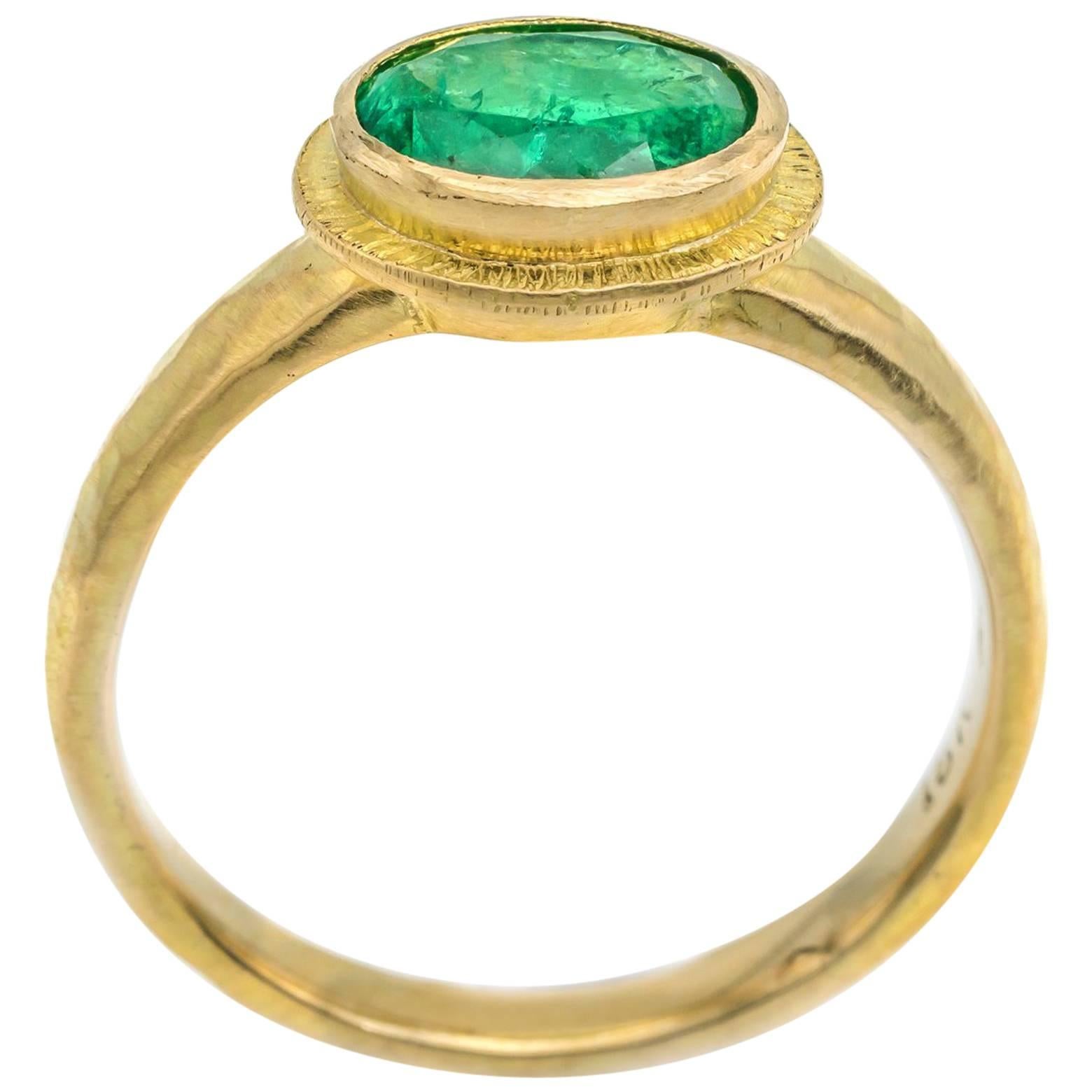 Oval Emerald Ring in 18 Karat Yellow Gold, Hammered and Textured, 0.90 Carat