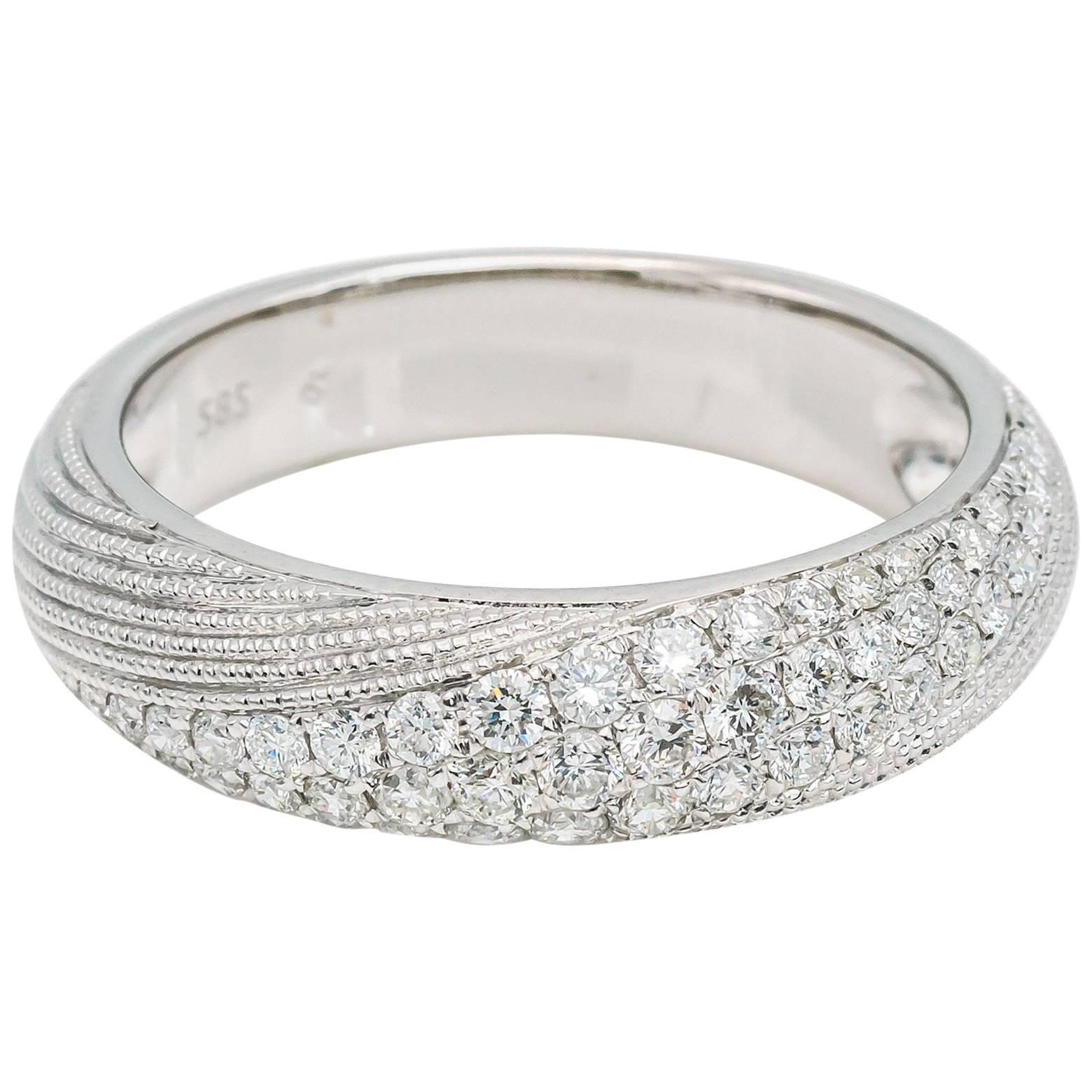 Pave Diamonds Wedding Band Ring White Gold Torsade Texture 