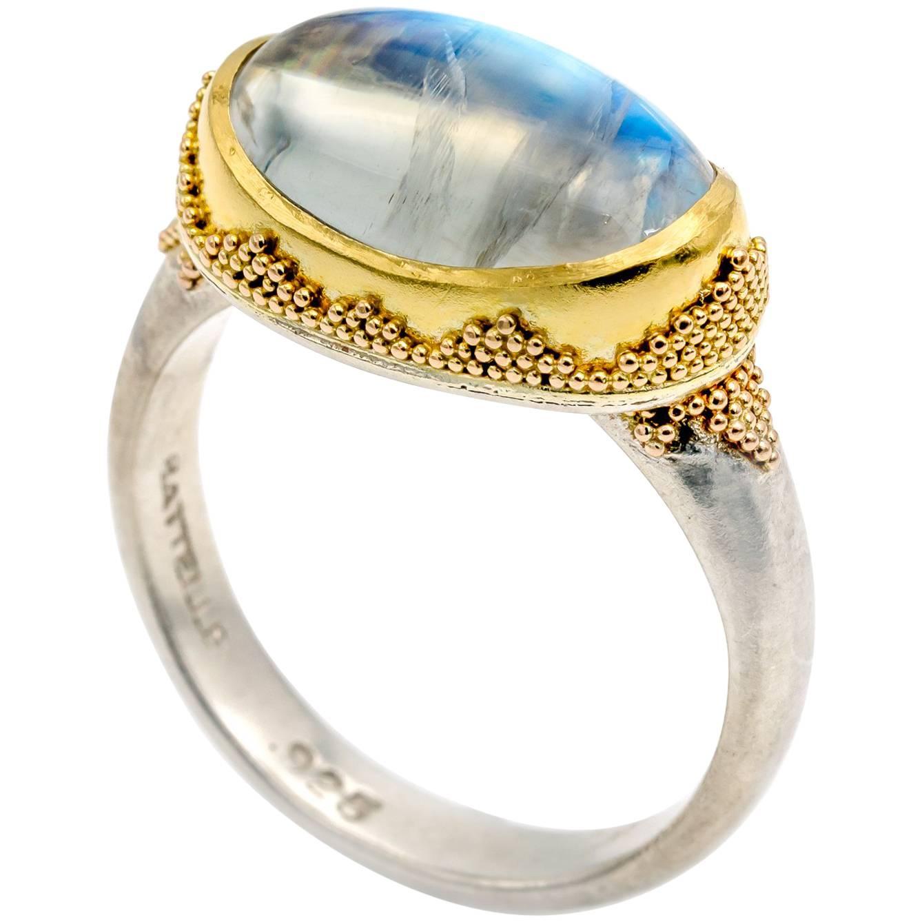Oval Moonstone Ring with Gold Triangle Granulation Yellow and White Satin Gold