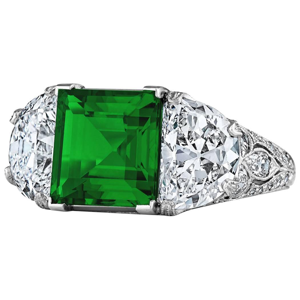 Art Deco Colombian Square Cut Emerald Diamond Platinum Three-Stone Ring