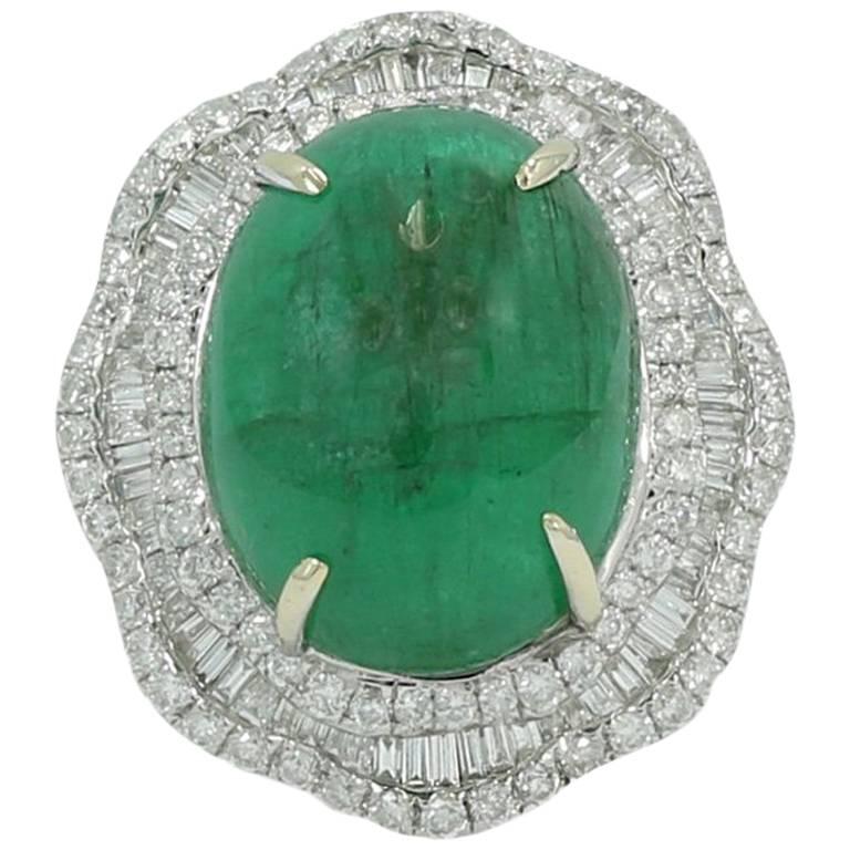 17.00 Carat Oval Cabochon Emerald and Diamond White Gold Ring For Sale