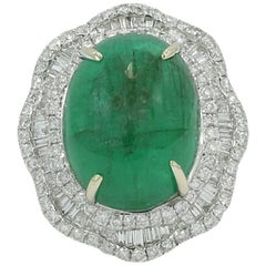 17.00 Carat Oval Cabochon Emerald and Diamond White Gold Ring