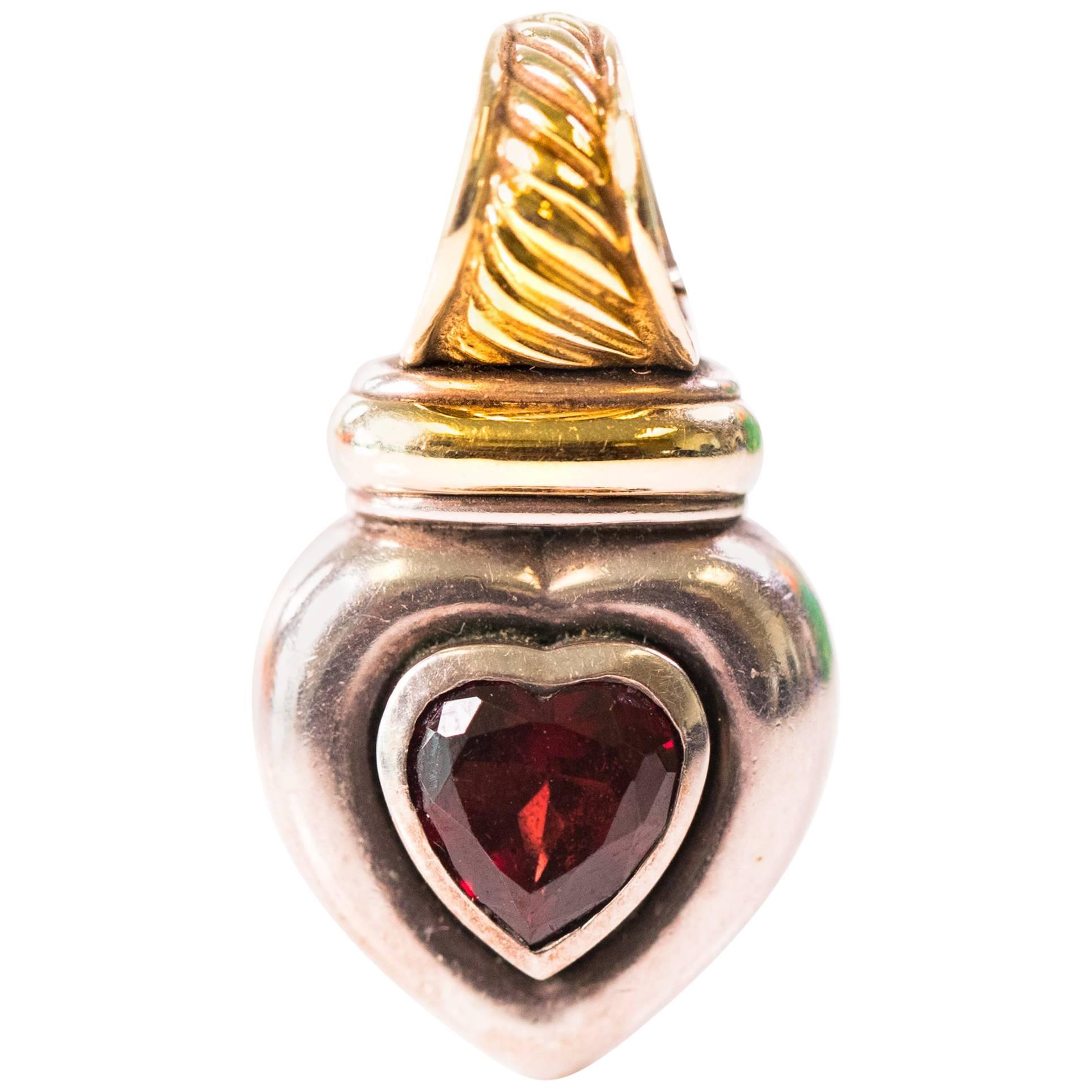 1990s David Yurman 18K Gold and Sterling Silver Garnet Heart Pendant