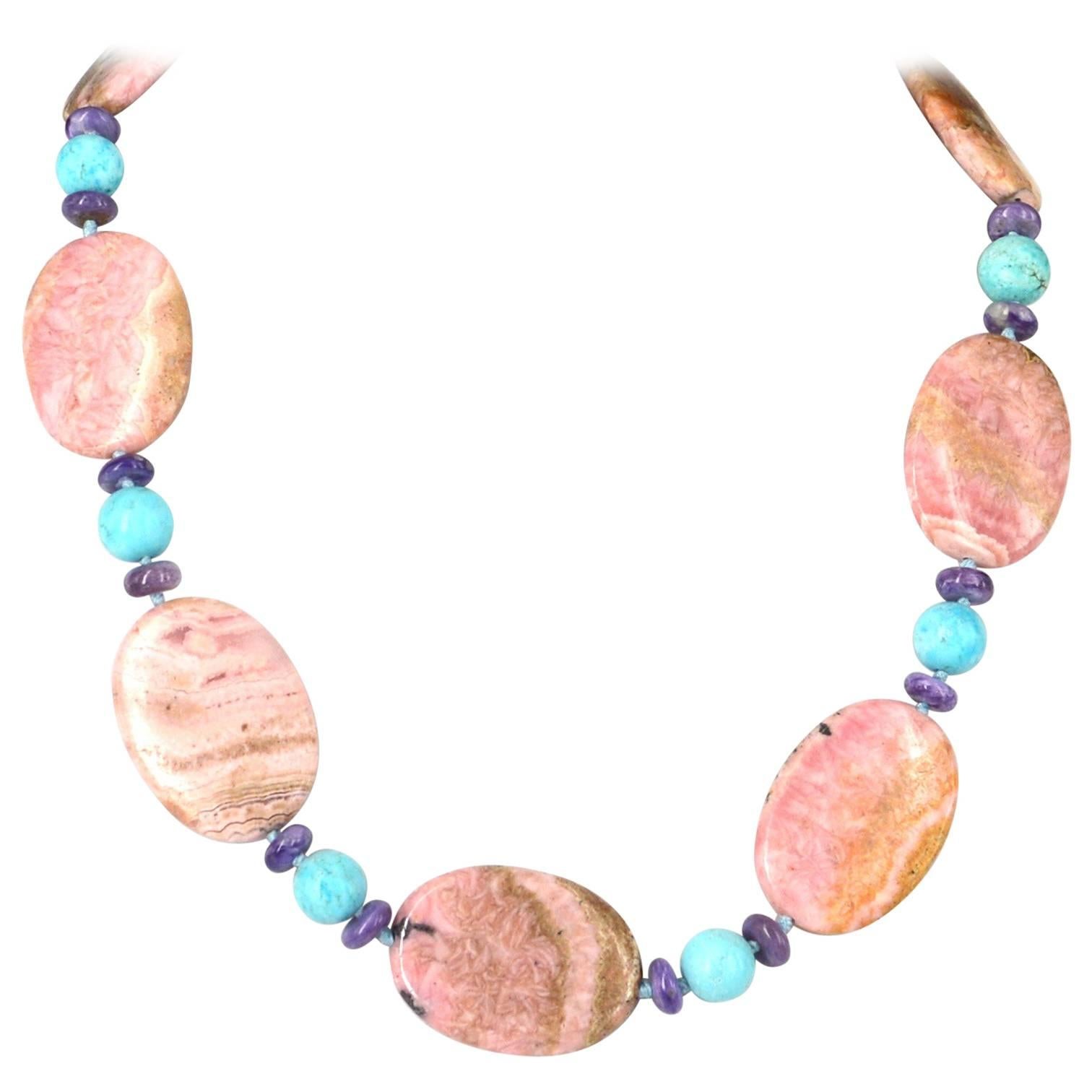 Rhodochrosite Turquoise Charoite Silver Necklace For Sale