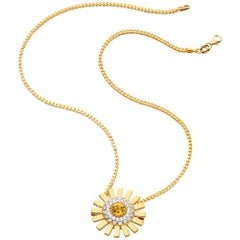 Sun Ray 18 Karat Gold, Diamonds and Yellow Sapphire Pendant on Chain