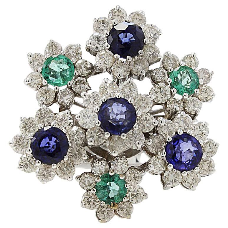Retro White Gold Diamonds Emeralds and Blue Sapphires Ring