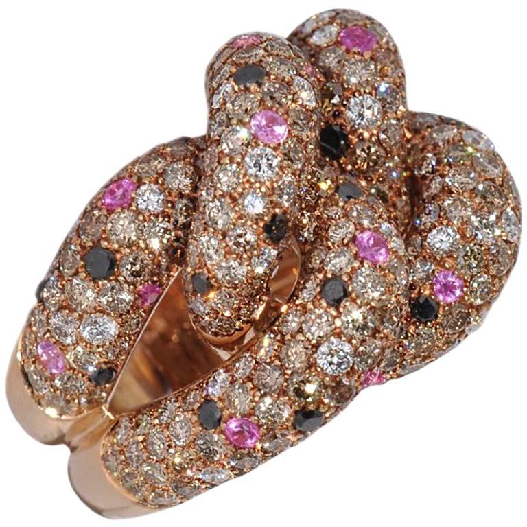 Black and White Diamonds with Pink Sapphires Yellow Gold Interlaced Ring