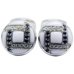 White Diamond Blue Sapphire Hand Inlaid Kogolong T-Bar Back White Gold Cufflinks