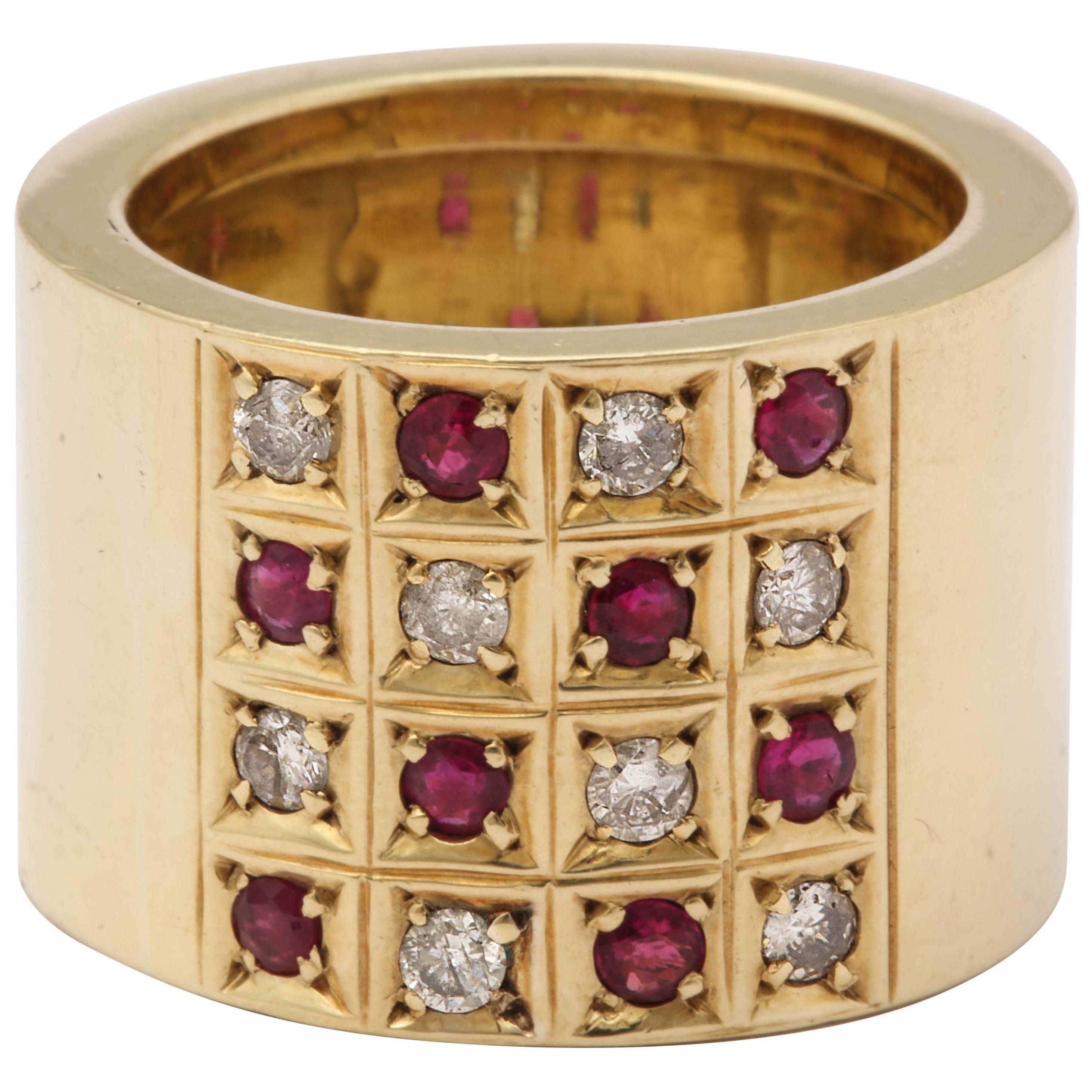 1950s Checkerboard Design Ruby and Diamond Wide High Polish Yellow Gold Band